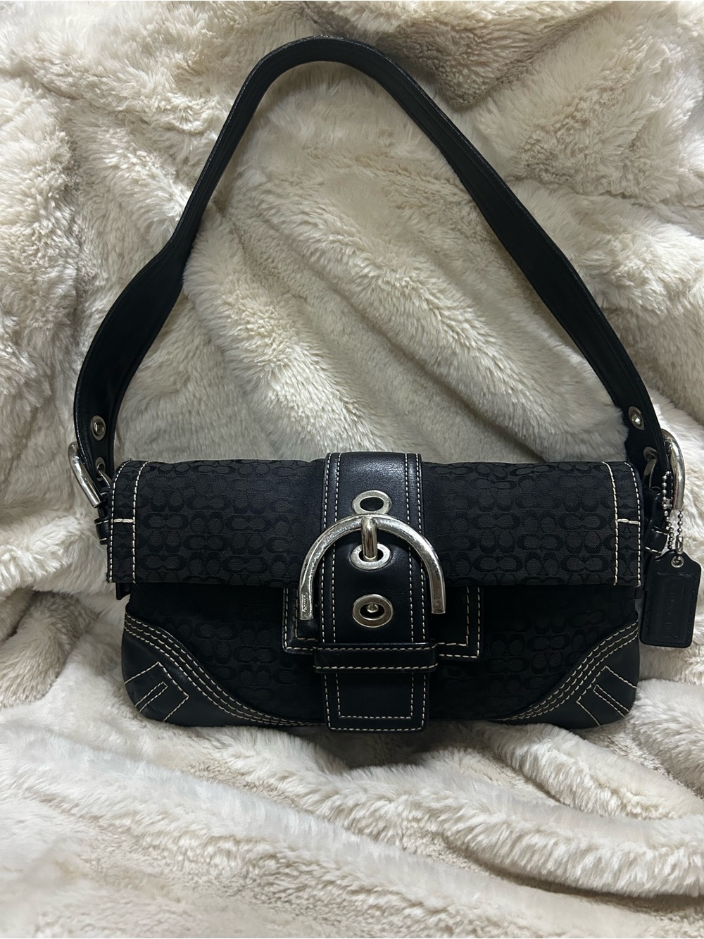 Coach Black Signature Buckle Shoulder Bag with Silver Hardware